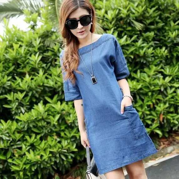 Женское джинсовое платье голубое повседневное мини с рукавом до локтя в