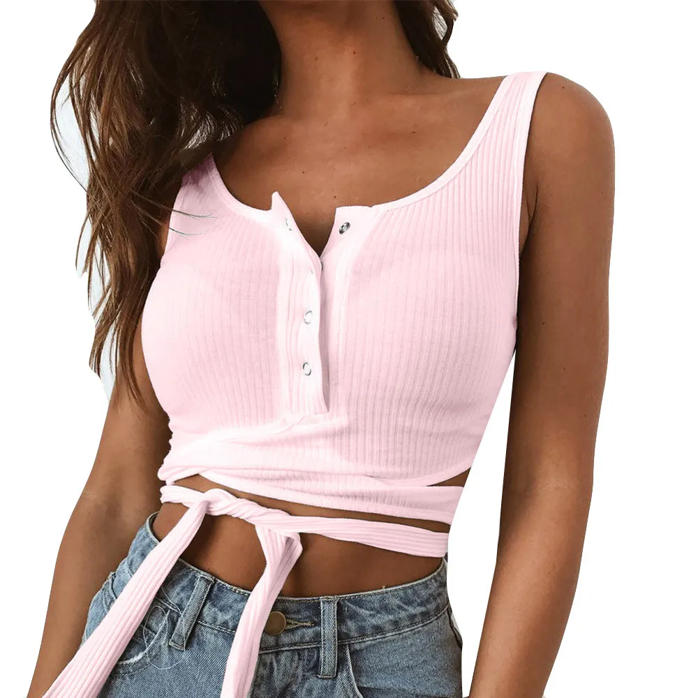 Pink Feitong, Женская бандажная майка, короткий топ, летний, для девушек, сексуальный, без рукавов, на пуговицах, жилет, из кусков, топы, женская одежда - Цвет: Pink