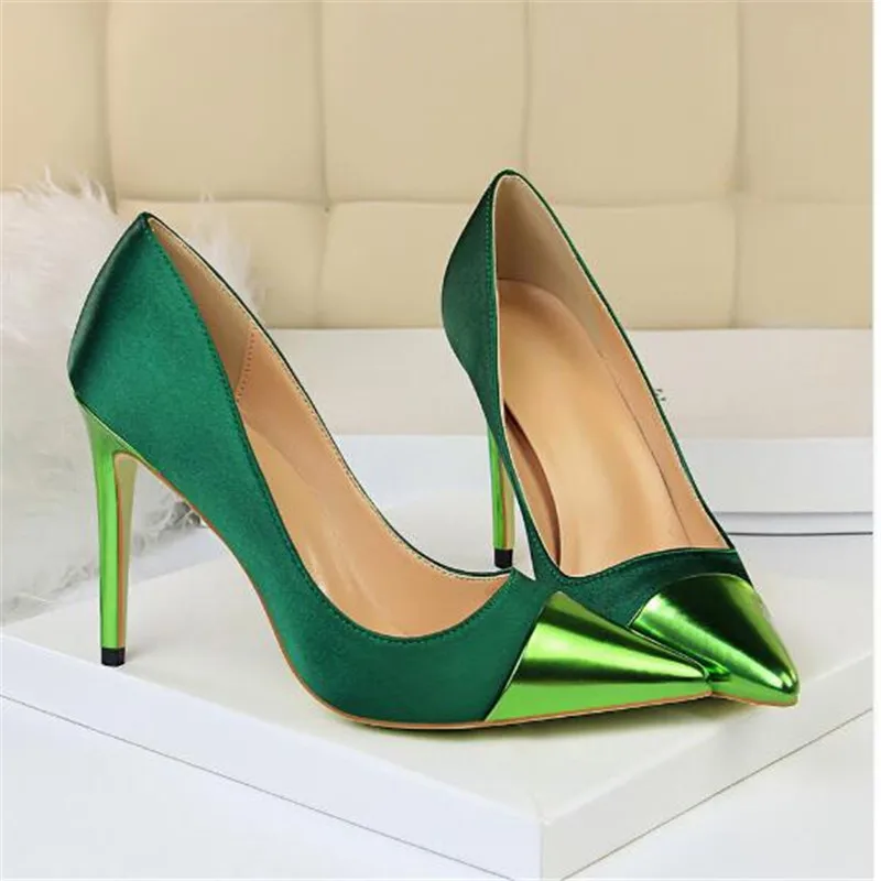 Женские атласные туфли лодочки Tacones на высоком каблуке 10 см синие и зеленые День