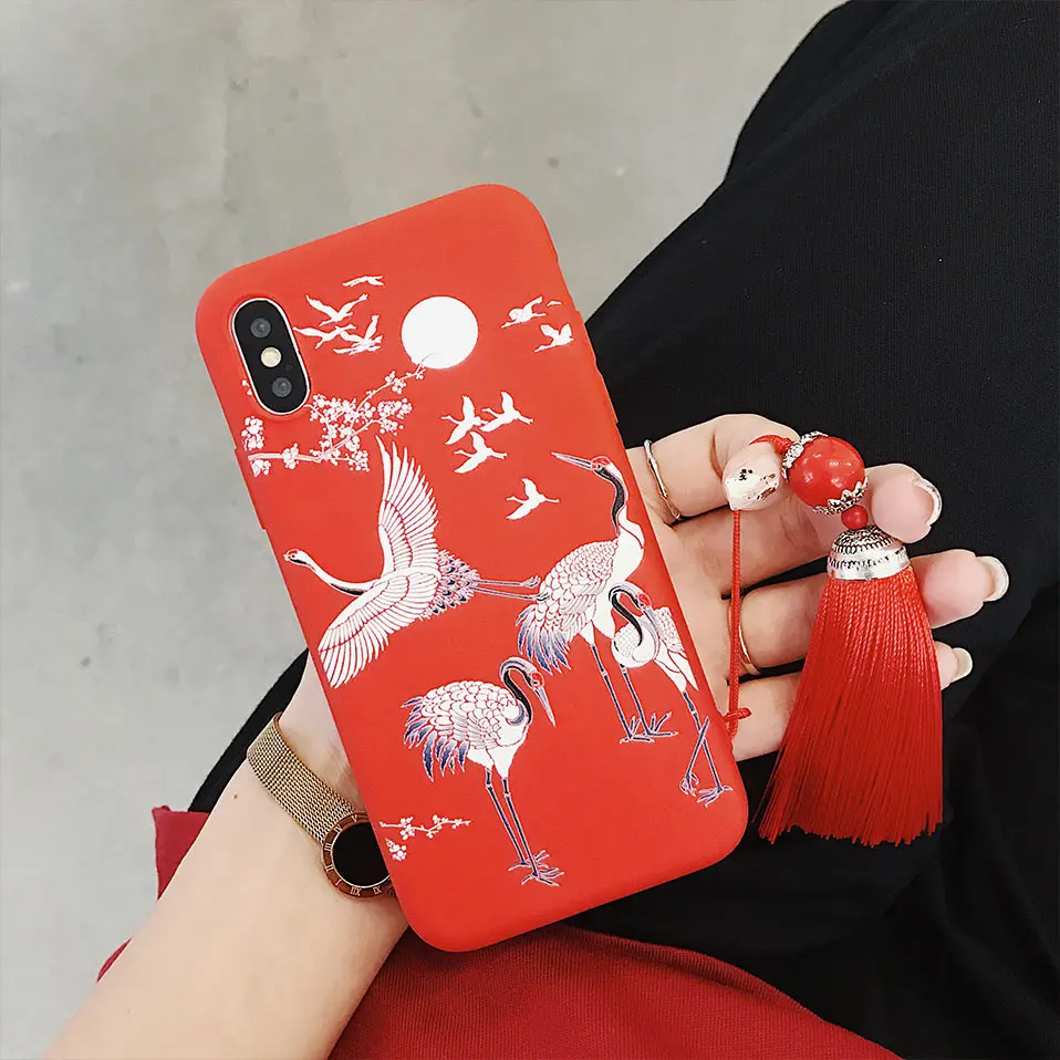 Phone Case For iPhone X 7 8 6 Covers Chinese style retro red crane Back Cases Plus 6s Capa Funda |