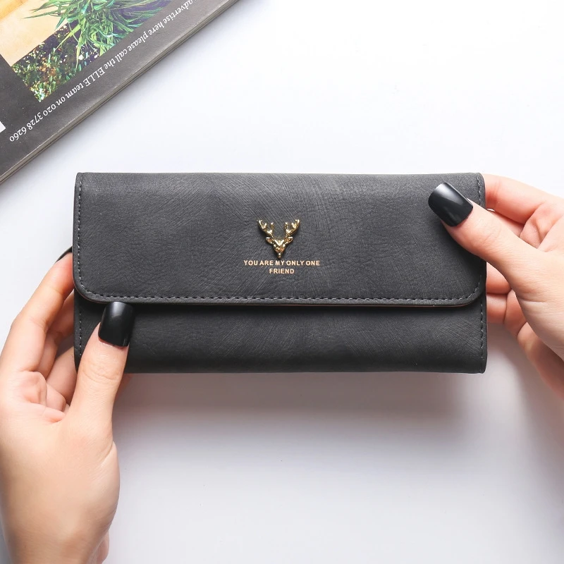 Women's Wallet Korean Version Stylish Frosted Clutch Bag Long Deer Head Zipper Buckle Wallet - Цвет: black
