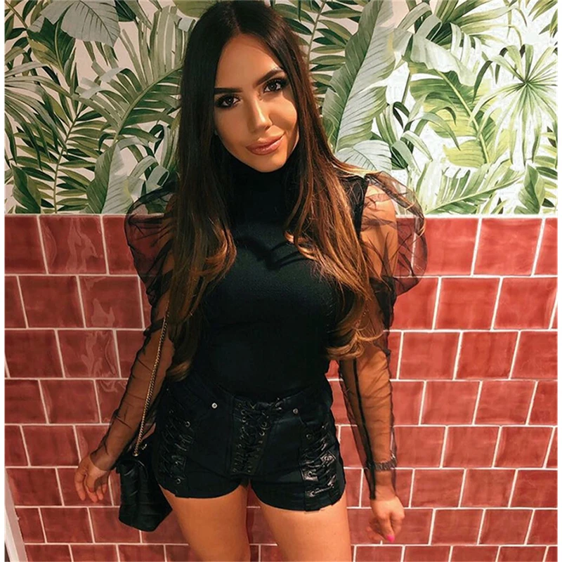 New Fashion Women's Turtleneck Long Mesh Puff Sleeve T Shirt Solid Color Slim Tops Ladies Casual Tee Party Wear Summer | Женская