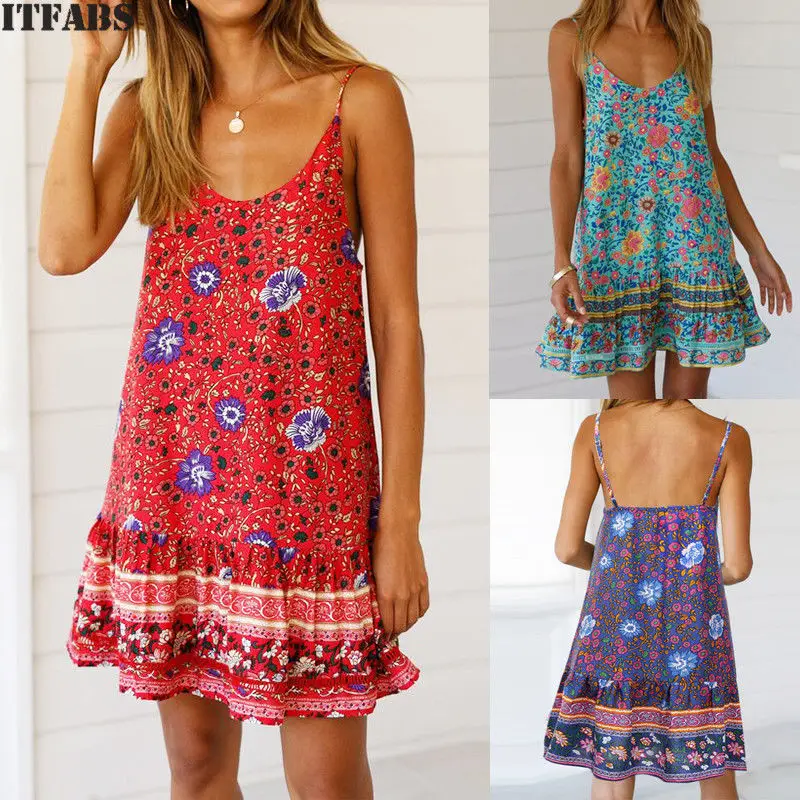 Женское летнее платье в стиле бохо хлопковое пляжное с цветочным принтом туника