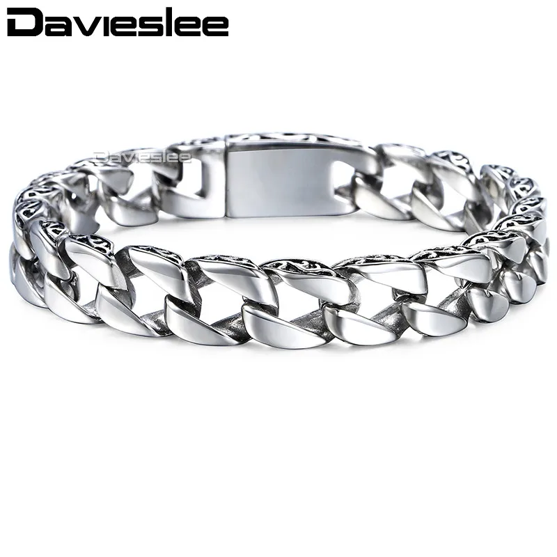

Mens Bracelet Chain 316L Stainless Steel Curb Cuban Chains Bracelets for Men Davieslee Fashion Wholesale Jewelry 11mm DLHB30