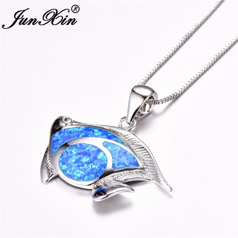 JUNXIN Ocean Blue Fire Opal Fish Pendant Necklaces For Women Men Silver Color Mystical Birthstone Necklace Wedding | Украшения и