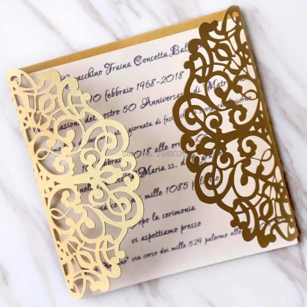 Personalized Initials 50pcs Gold Gatefold Wedding Invitation laser cut custom invitations personalized greeting card | Дом и сад