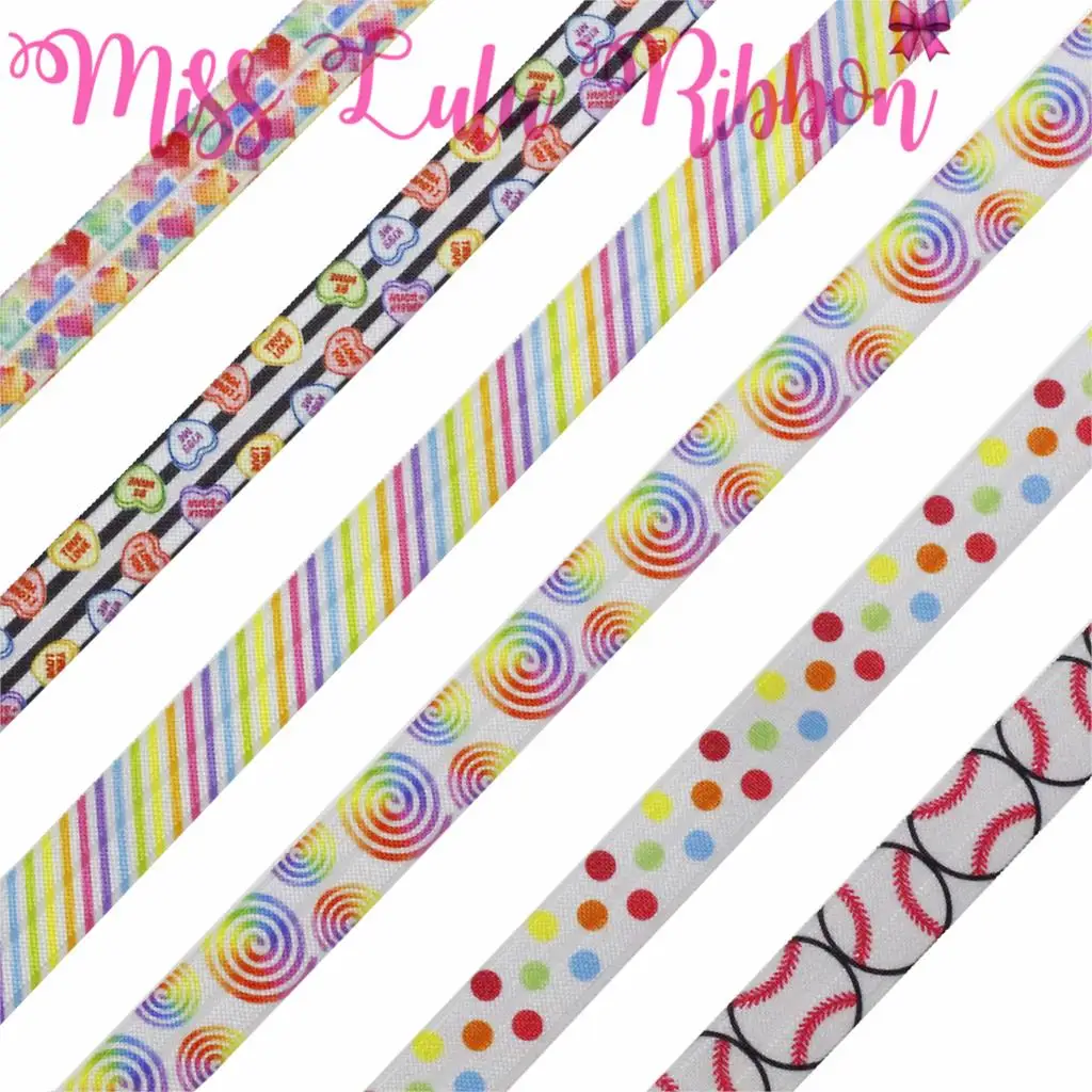 

5/8"16mm Sweet Heart Rainbow Stripes Colorful Dots Printed Elastic/Foe Ribbon DIY Sports Hair Band 50yards/roll Gift Bowknots