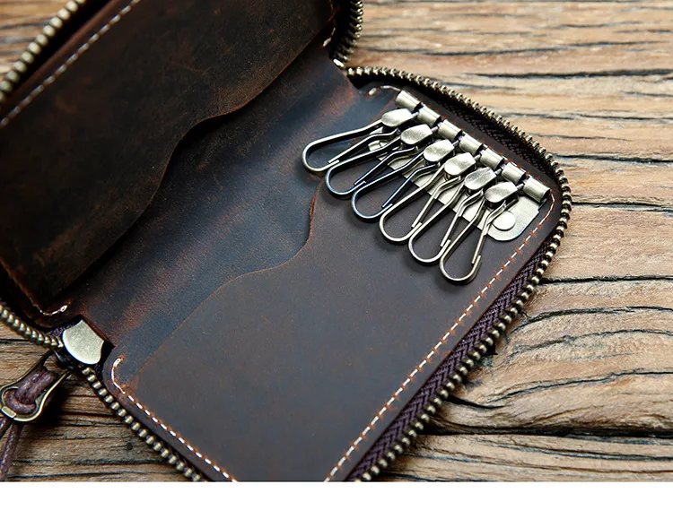 Retro Real Genuine Leather Key Wallet Women Keychain Covers Zipper Case Bag Men Keys Holder Housekeeper Organizer Handmade