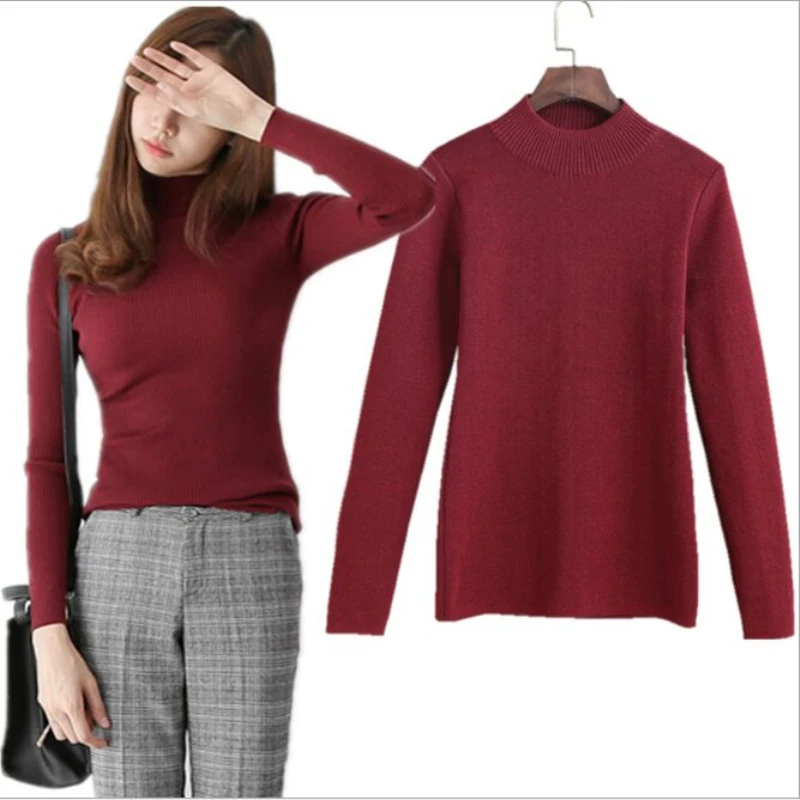 Женский плотный вязаный свитер с высоким воротником однотонный теплый пуловер