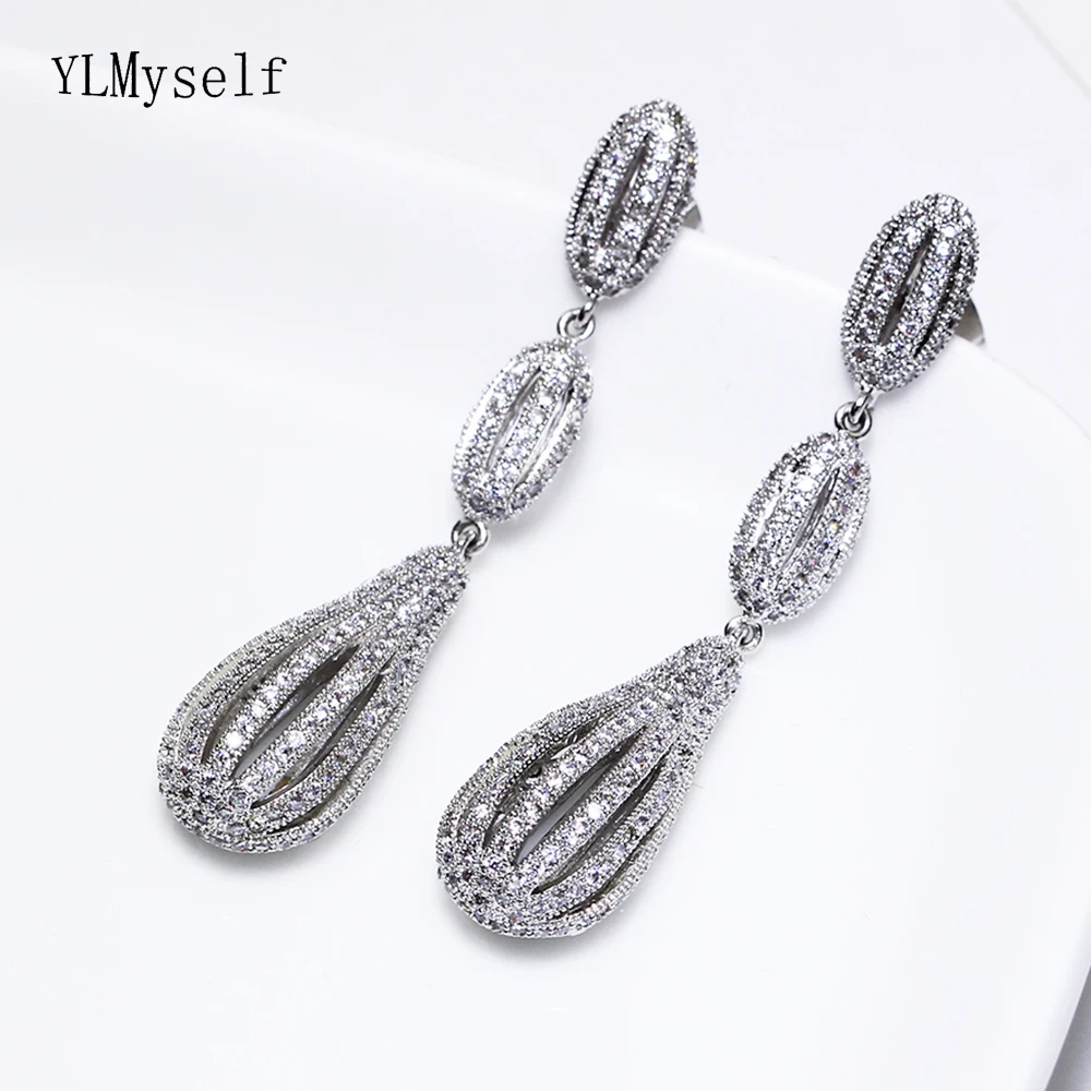 

Unique design white jewelry long earring shiny cz crystal stones copper metal female large drop earrings