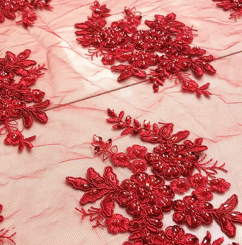 GLace 1Y/Lot Red beaded car bone lace fabric high quality custom clothing dress transparent embroidery TX195 | Дом и сад