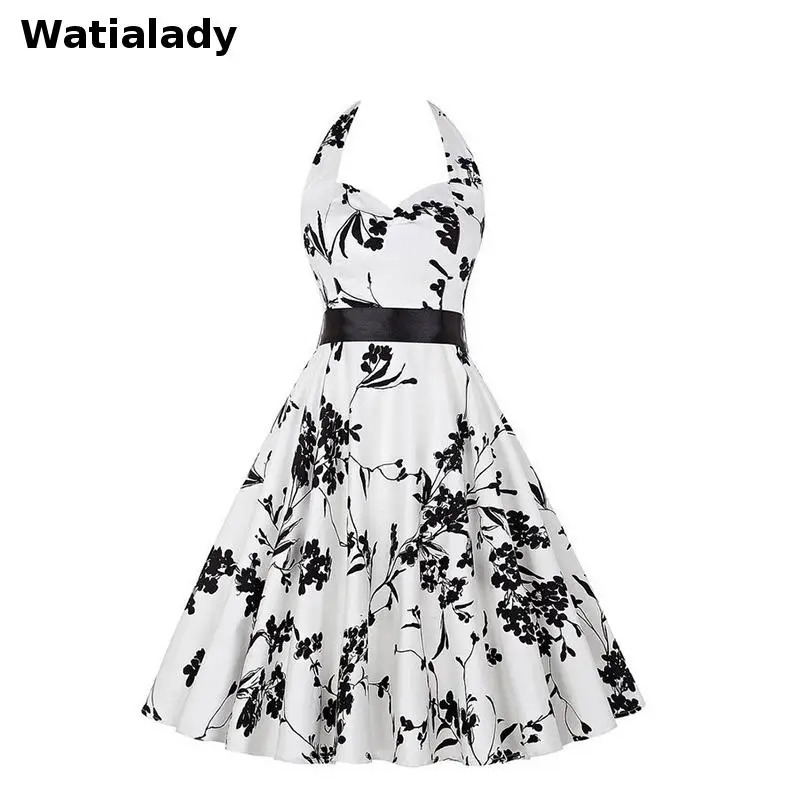 Watialady 2017 Новый Цветочный Принт Старинные Платья Стиль 1950 s Платье Летнее Без