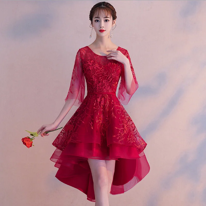 

Blue Floral Appliques O-Neck Half Sleeve Front Short Back Long Women Sexy Dresses For Party Night Club Slim Elegant Dress