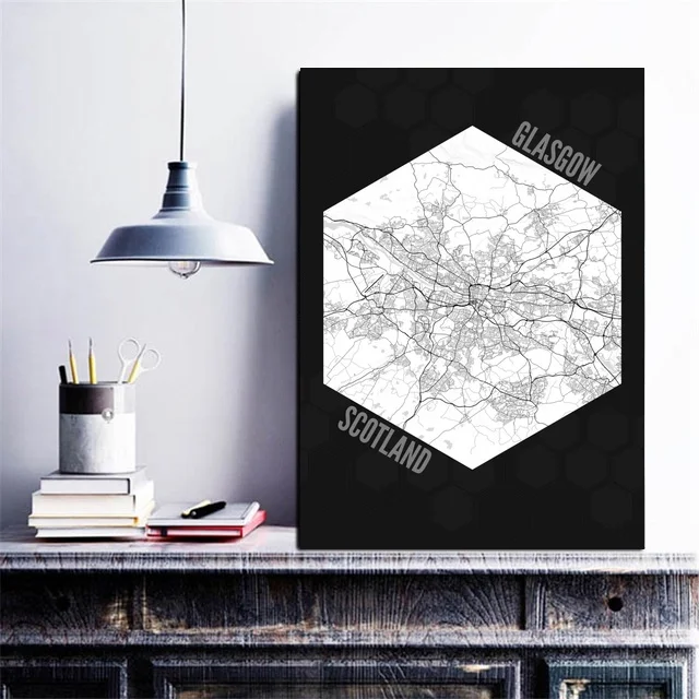 Карта города Шотландия Глазго черная карта современный холст Художественная