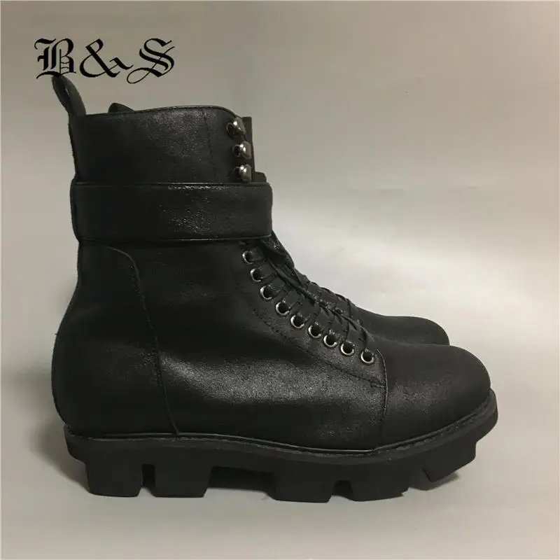 

2018 Black& Street New Full Real Leather Raft sole personalized Black Punk Boots Men Plus Size Click platform Rock style Boot