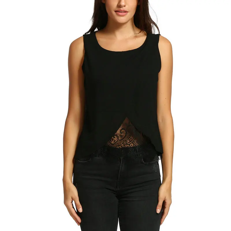 Женские кружевные шифоновые майки с круглым вырезом без рукавов повседневные