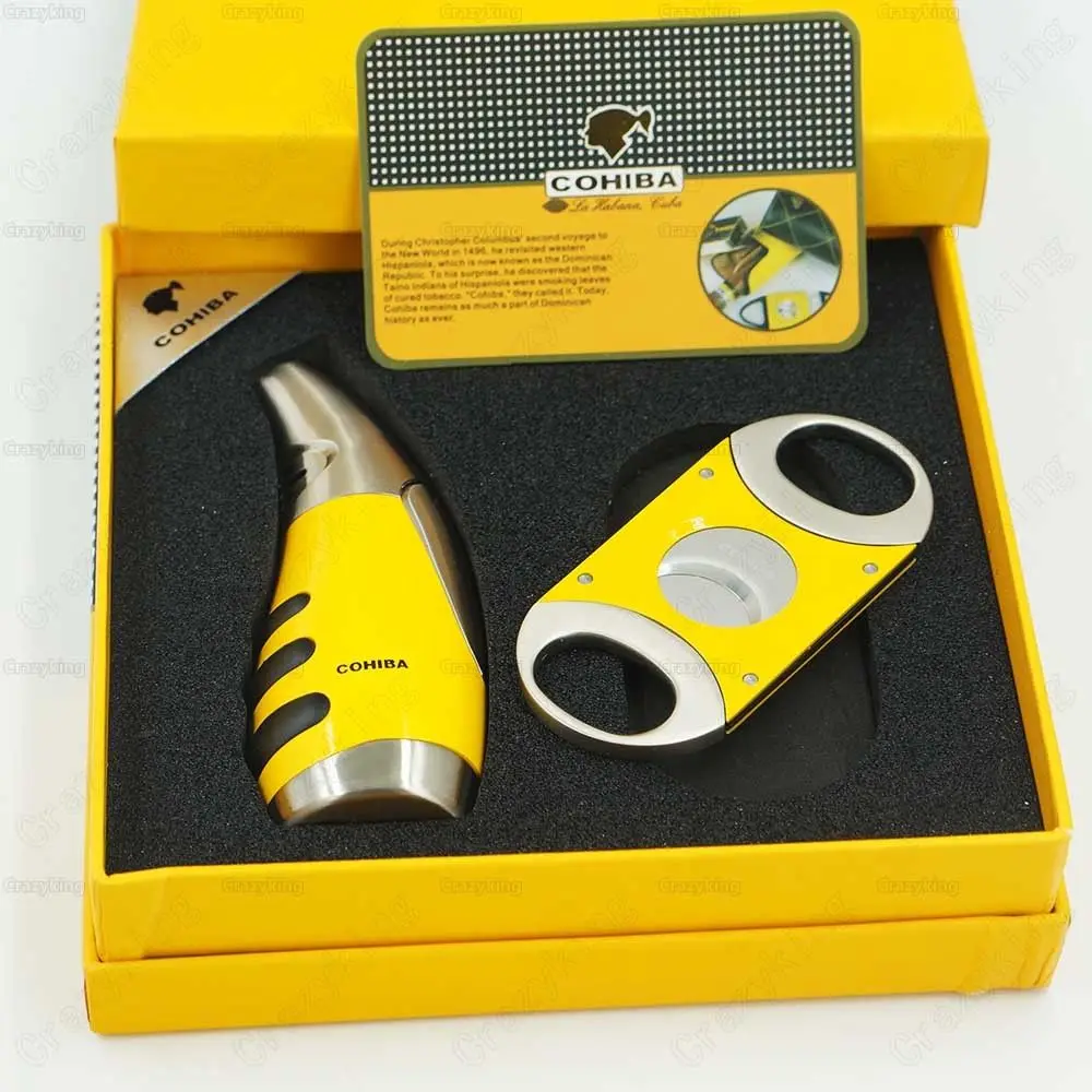 Free Shipping COHIBA Yellow &amp Silver Metal Torch Jet Flame Cigar Lighter With Cutter Gift Set Box | Дом и сад