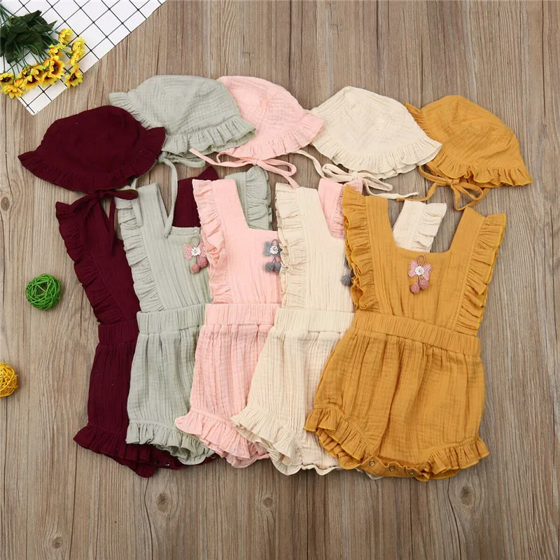 

Summer Toddler Baby Girl Clothes Solid Cotton Sleeveless Bodysuit Newborn Infant Girls Fly Sleeve Jumpsuit Hat Outfits Clothes