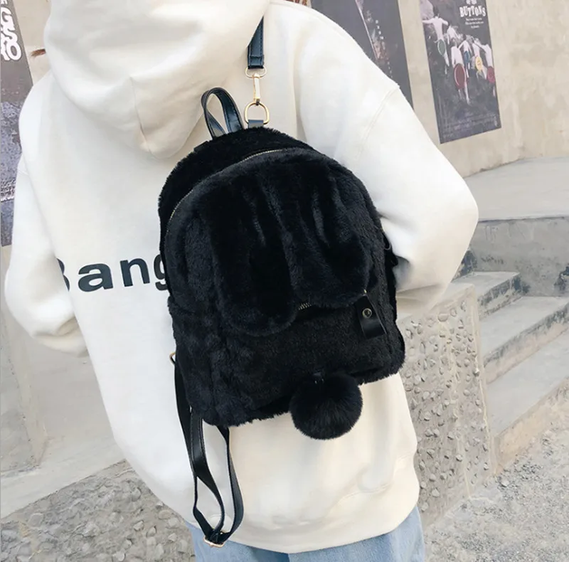 Furry Rabbit Ear Backpack cute Girls Shoulder Bag Mini Furry Fluffy Plush schoolbag Winter Women's Travel Bag