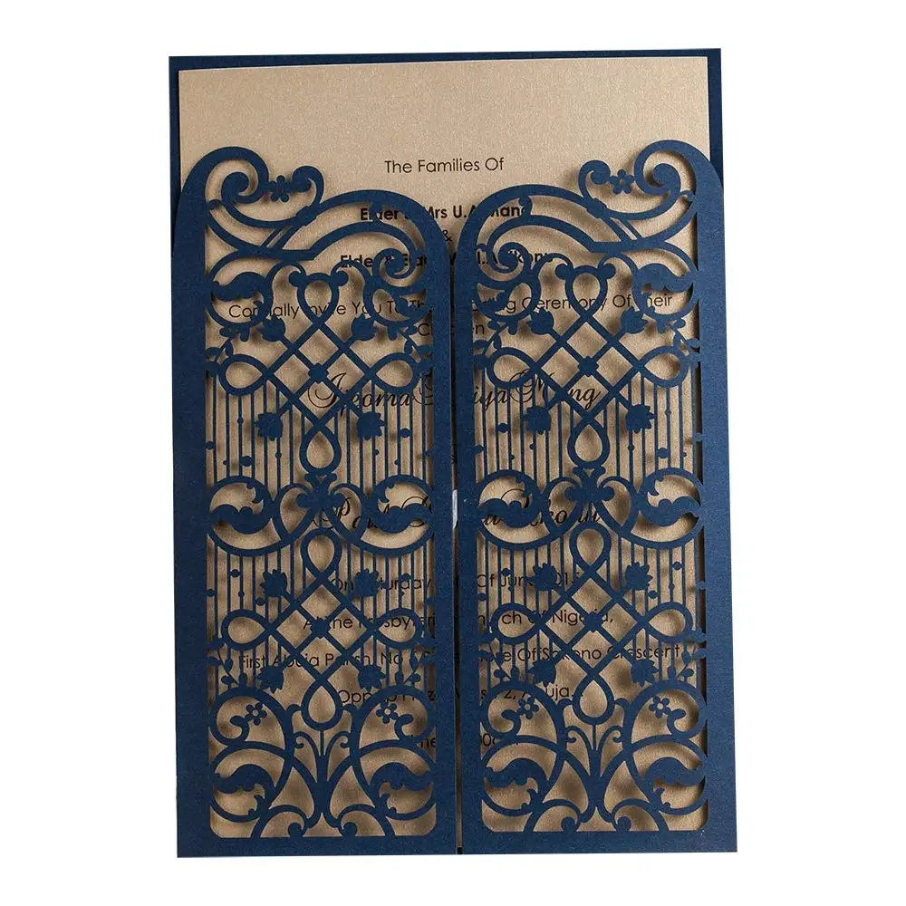 

100Pcs Fold Gate Navy Blue Elegant Laser Cut Wedding Invitations, Birthday Invitation Cards for Bridal Shower Quinceanera Party