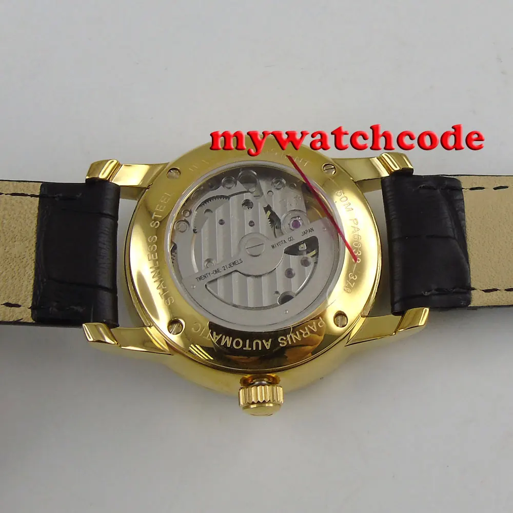 Автоматический мужской чехол с циферблатом 38 мм Parnis желтым и золотым покрытием