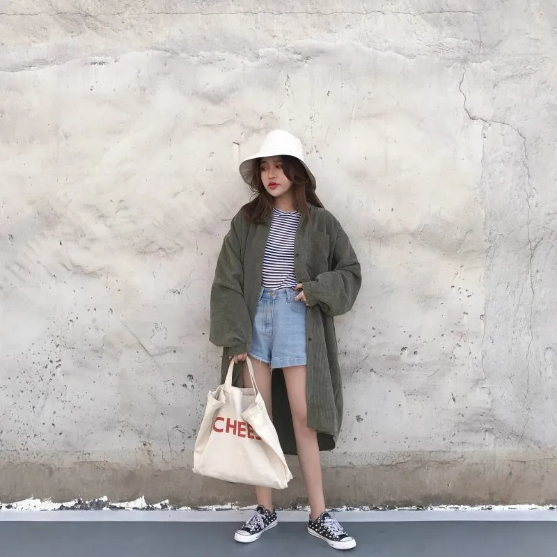 

Autumn Vintage Corduroy Shirts Blusa Woman Fashion Batwing Sleeve Loose Long Shirt Turn-down Collar Korean Elegant Stripe Shirts