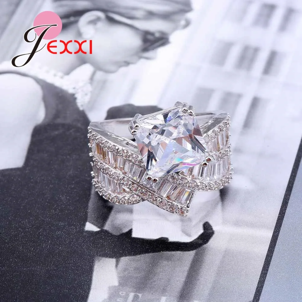 

Wholesale Fashion Square White Crystal Wedding Rings Jewelry 925 Sterling Silver Women Bands Zircon Ring For Engagemen