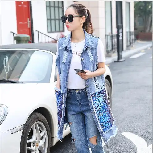 Женский джинсовый жилет длинный с блестками большие размеры 3xl E834 весна 2019|Жилеты