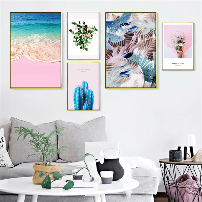 Nordic Spray Color Plant Blue Cactus Canvas Painting Flowers Pink Beach Sea Poster Modern Abstract Wall Picture Room Decoration | Дом и сад