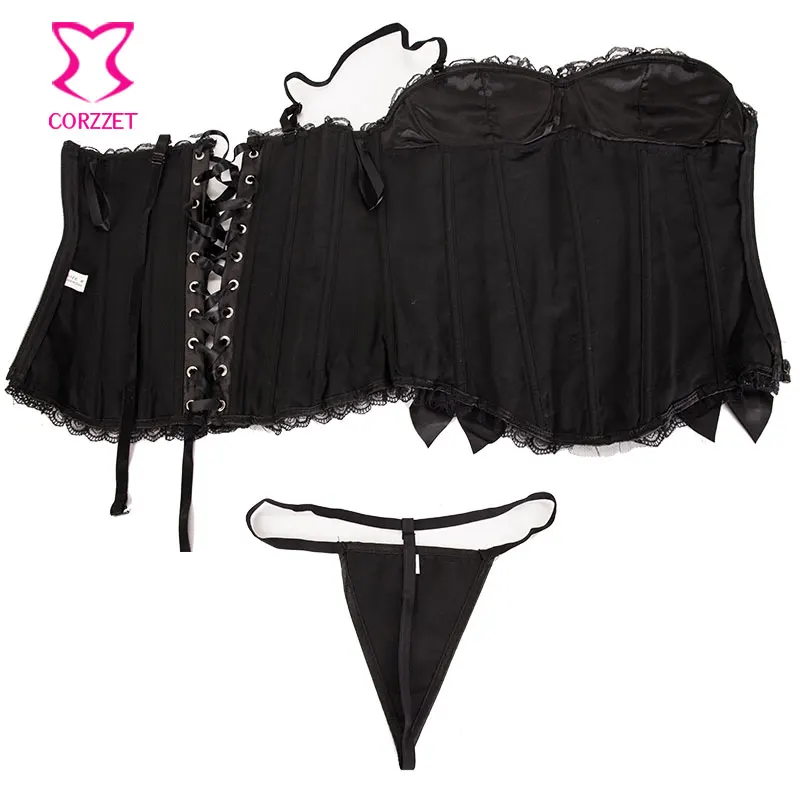 Черное атласное в викторианском стиле с кружевной отделкой и бантом на