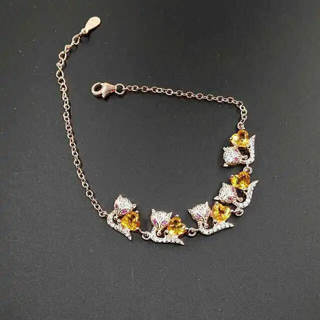 

Natural citrine Bracelet Natural yellow crystal Personality cute fox Bracelet 925 silver bracelet Female girl fine Jewelery Gift