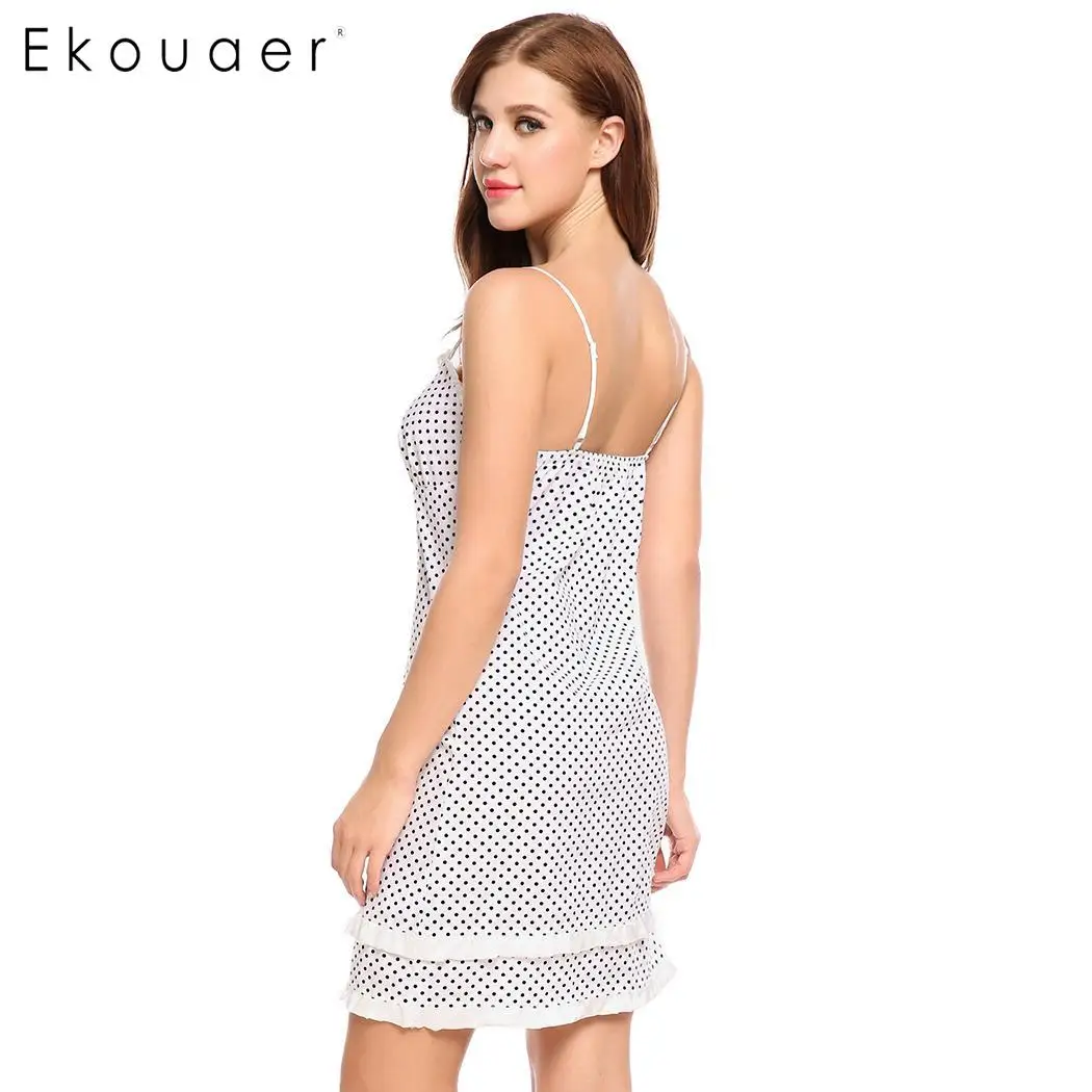 Ekouaer 100% хлопок ночная рубашка для женщин сексуальная на бретельках в горошек