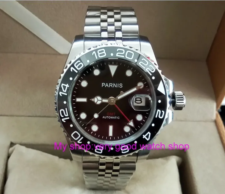 Мужские автоматические часы PARNIS GMT 40 мм с черным керамическим ободком сапфировым