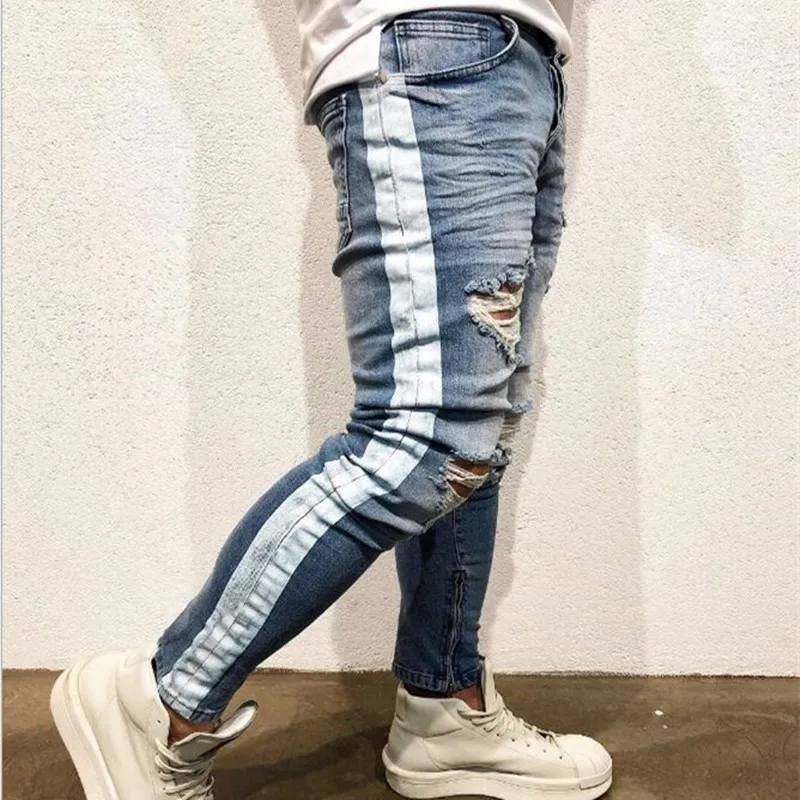 Мужские обтягивающие джинсы со стрелой и автомобилем облегающие с дырками до