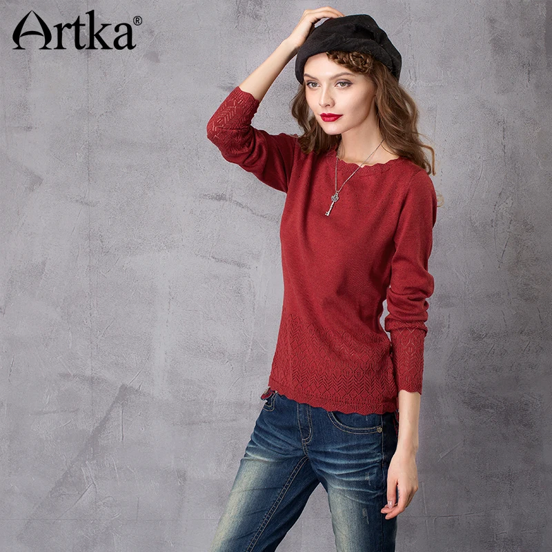 Женский длинный шерстяной кружевной свитер ARTKA Осенний пуловер с длинным рукавом