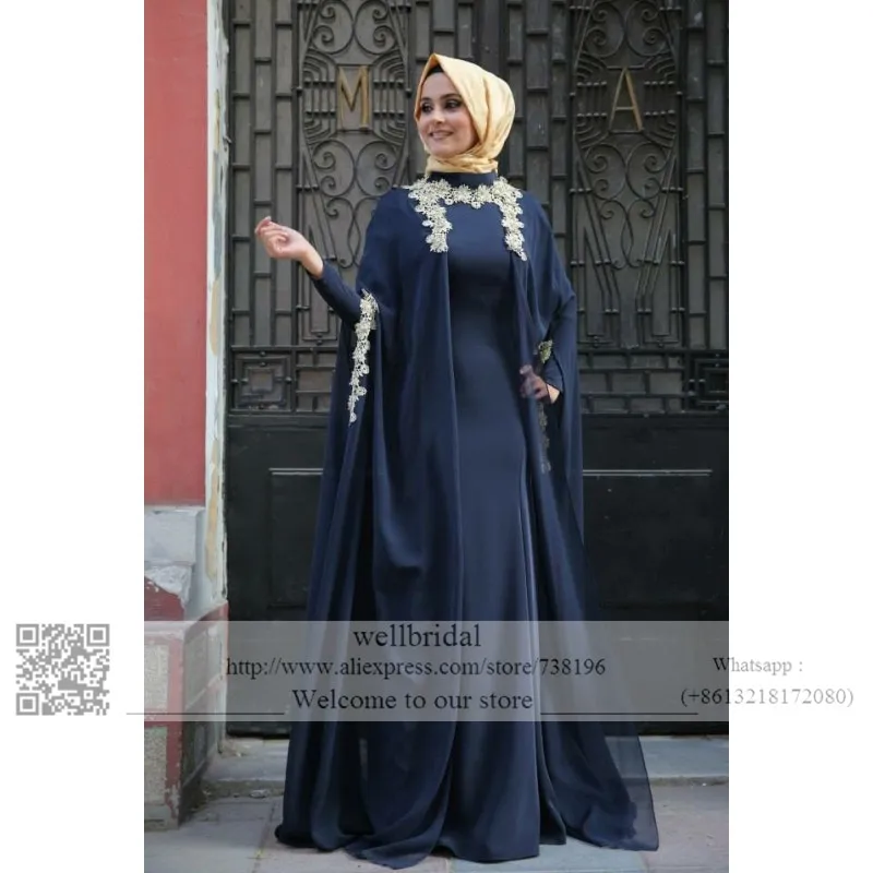 Винтажное мусульманское темно-синее свадебное платье с аппликацией
