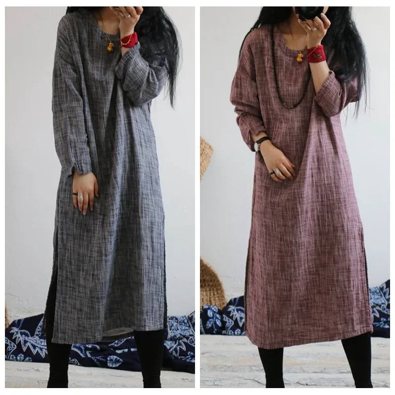 Женское винтажное льняное платье SCUWLINEN свободное базовое повседневное длинное с