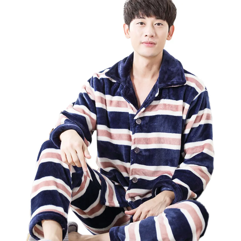 SusanDick 2017 Autumn &amp Winter Thick Flannel Pajamas Mens Coral Cashmere Cardigan Pants Suit Sleepwear Casual Man Home Clothes | Мужская