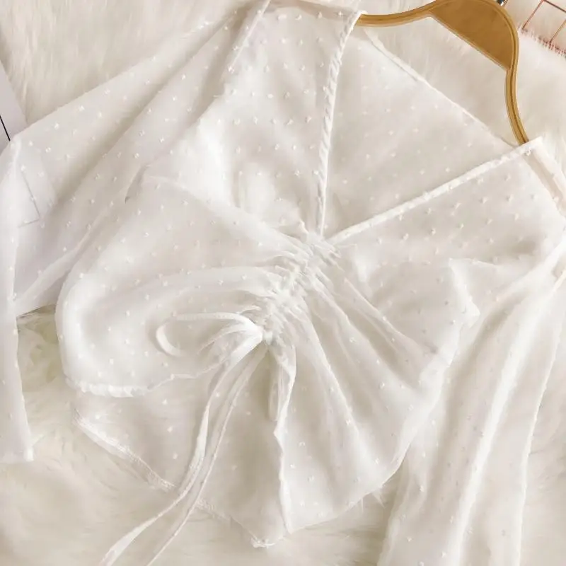 2018 new fashion women blouse shirt sweet sunscreen V-neck drawstring long-sleeved chiffon female |