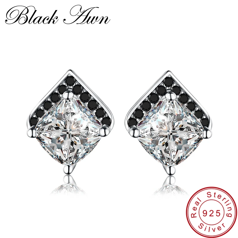 

[BLACK AWN] Cute 925 Sterling Silver Earrings Fine Jewelry Vintage Engagement Black Spinel Wedding Stud Earring for Women T181