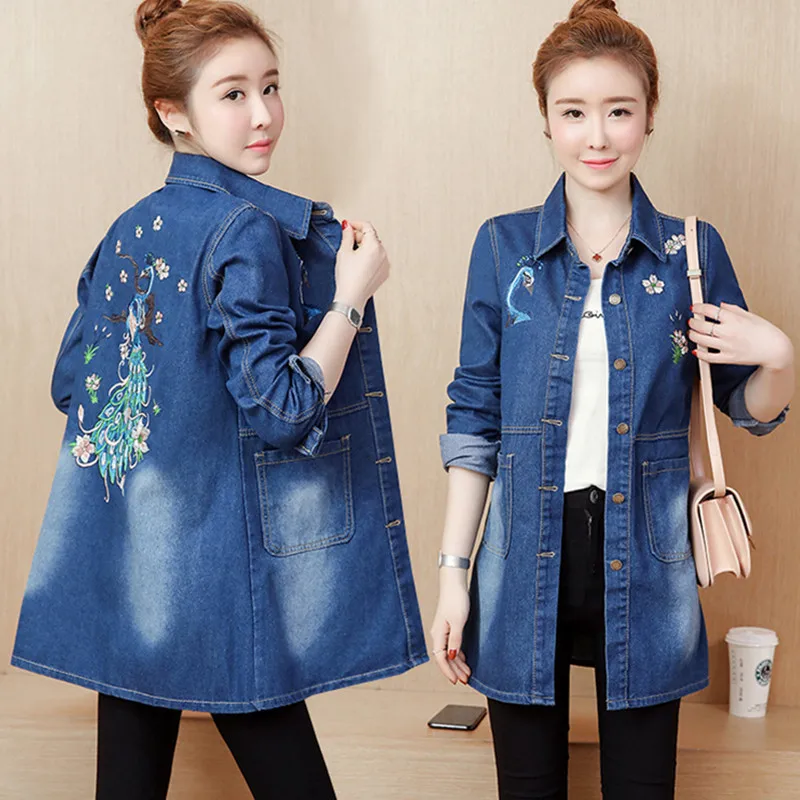Куртка женская джинсовая с вышивкой на весну/осень размеры до 3XL | Женская одежда