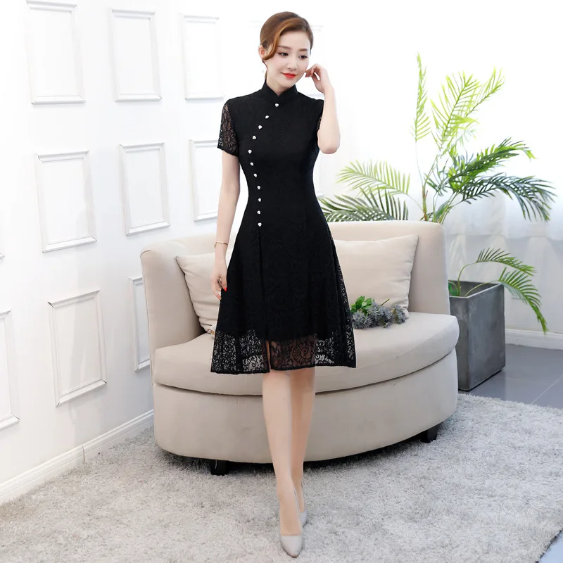 Летнее Новое кружевное платье Aodai Cheongsam элегантное женское на пуговицах ручной