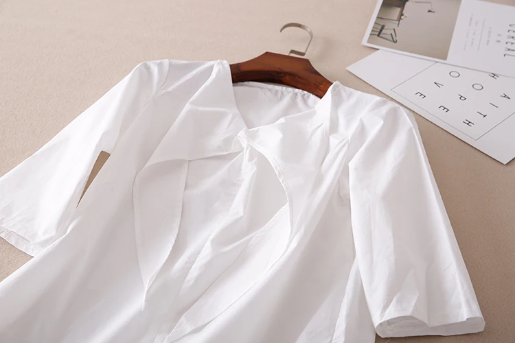 Элегантный полосатый бантом Лето рукавом хлопок белая рубашка женская S034M| |