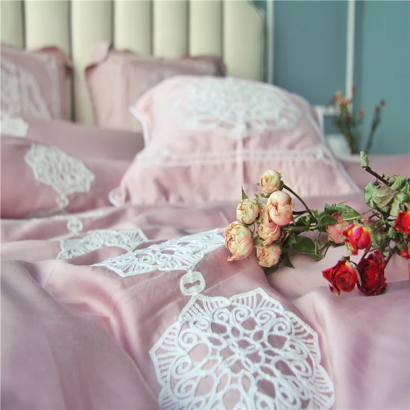

60 Tencel Pure Lace Luxury Bedding Set Soft Bedclothes Duvet/Quilt Cover Bed Linen sheet set 4 Pieces Bedding Sets