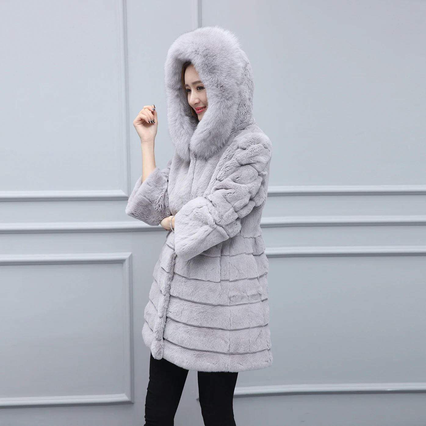Real fox fur collar hooded natural rex rabbit coats outerwear women wave cut whole skin jackets plus size S - 4XL | Женская одежда