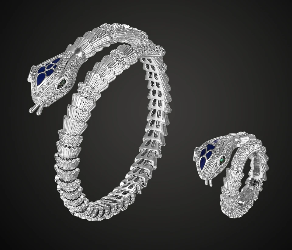 Zlxgirl Brand Blue enamel Snake Animal full micro pave setting zircon love's bangle with ring set classic bracelet accessory