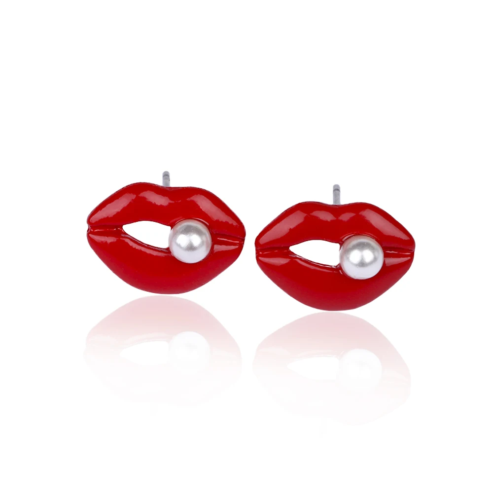 1 пара креативных жемчужных сережек с красными губами эмаль для глаз после