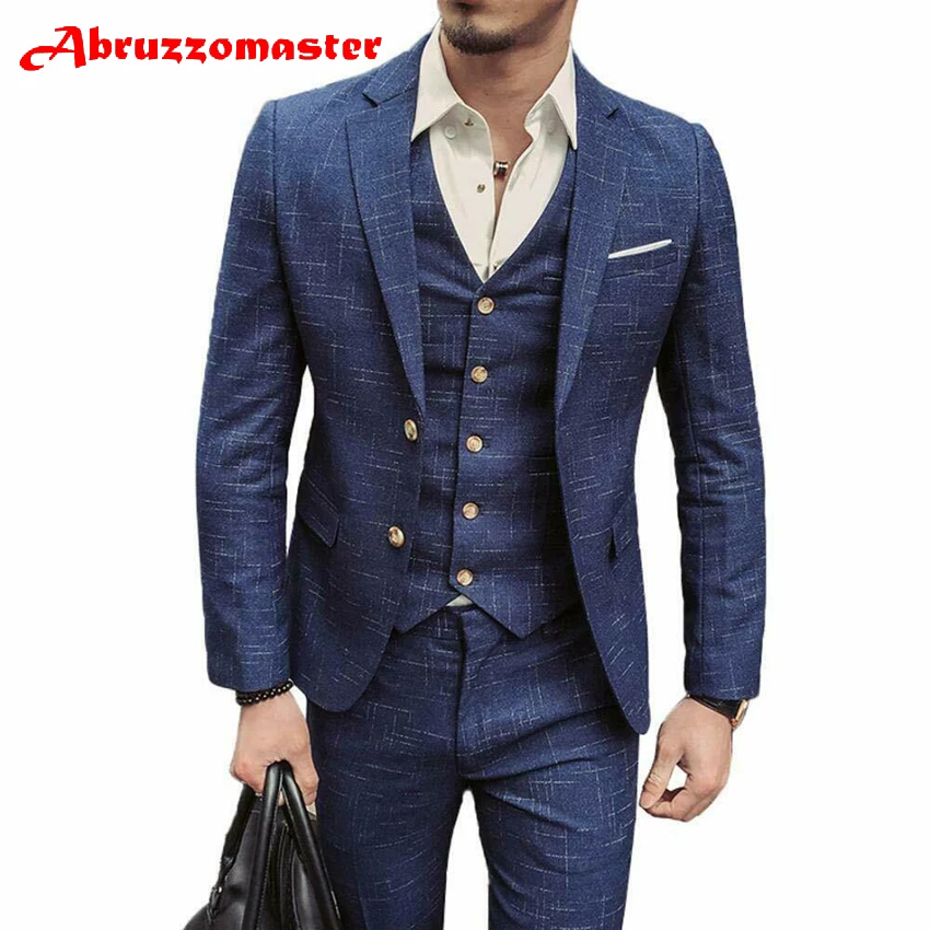 Abruzzomaster мужские костюмы на заказ, 3 предмета, текстурированные мужские костюмы, приталенные смокинги жениха, синий костюм жениха, пиджак+ брюки+ жилет