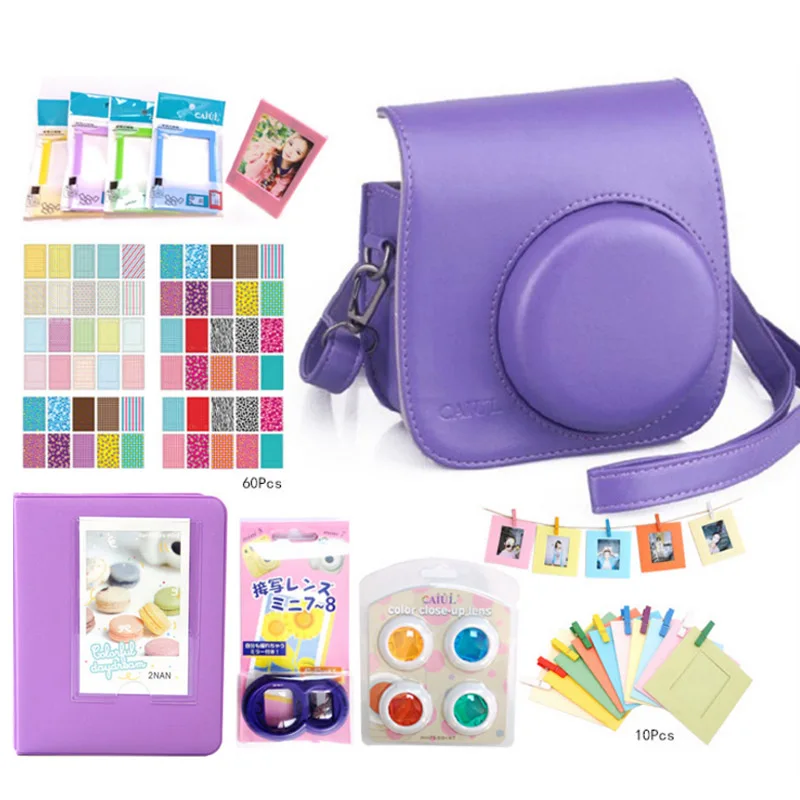 purple Новые аксессуары для камеры Fujifilm Instax Mini 8/8+/9 кожаный чехол-сумка с ремешком для съемки крупным планом наклейка для селфи фильтр для объектива фотоальбом - Цвет: purple