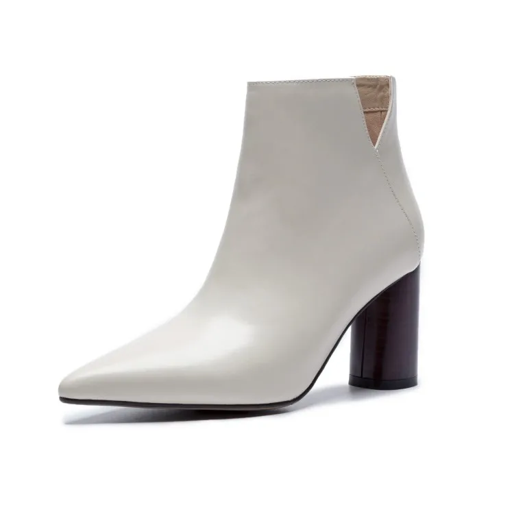 Классические женские белые кожаные Ботинки на каблуке с деревянным эффектом